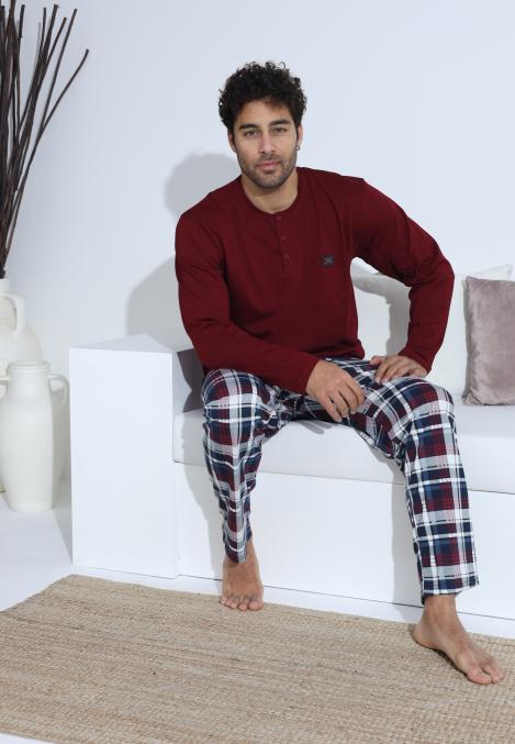 Pijama Barbati ,Maneca si Pantaloni Lungi,Culoare Bordo cu Alb,Engros